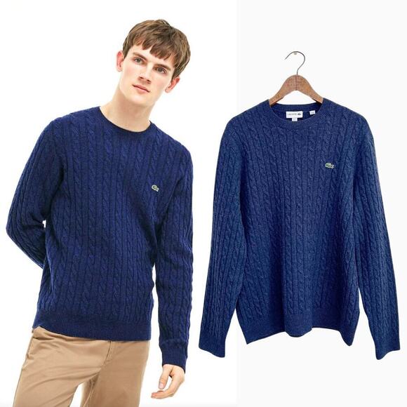 Lacoste Crew Neck Extra Fine Merino Wool Cable Knit Effect Blue Sweater Mens L